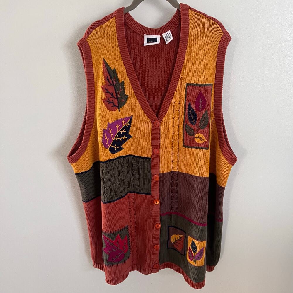 C.S.T. Sport 100% Cotton Embroidered Leaf Cardigan Sweater Vest Size 3X